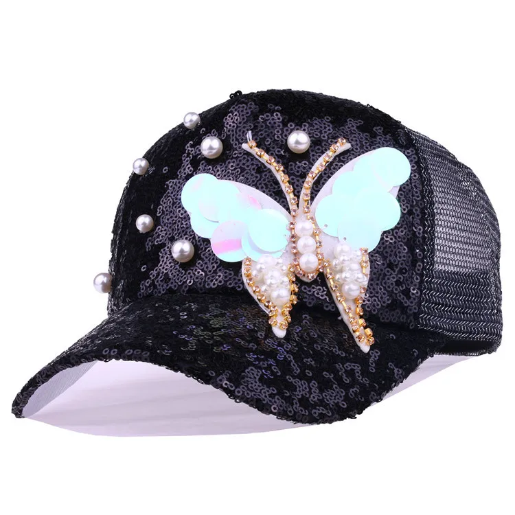 Новые модные женские бабочки вышивка сетчатая бейсболка патч в виде шляпы кораллы кружева хлопок летние дышащие бейсболки - Цвет: Черный
