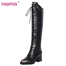 Ladies Real Genuine Leather Over Knee Long Boots Women Thick Heel Zipper Shoes Fashion Lace Up Heeled Shoes Size 34-42 N00184