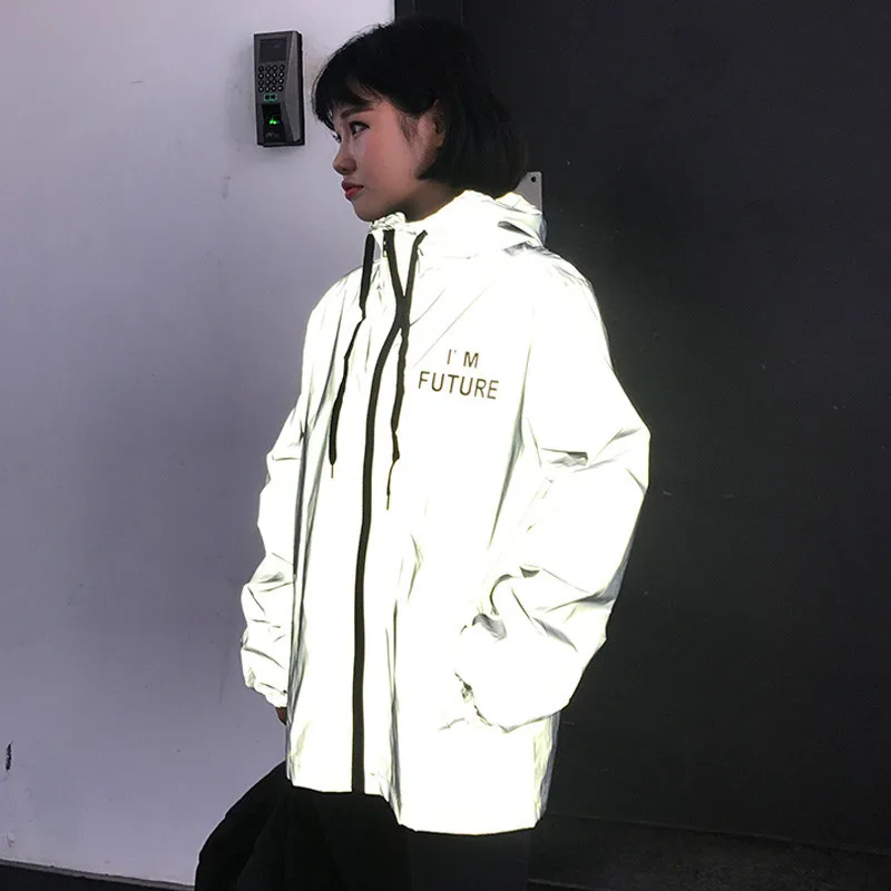 

Hooded Jackets Women Reflective Jackets Fluorescent Cartoon Loose Plus Size Casual Luminous Windbreaker Spring Couples Clothes