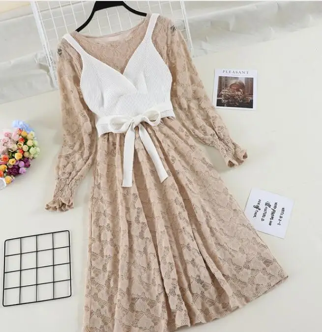 Fall Lace Dress Suit Women Long Two Piece Sets New Knitting Vest + Sleeve Dresses Girl Students Party Vestidos | Женская одежда