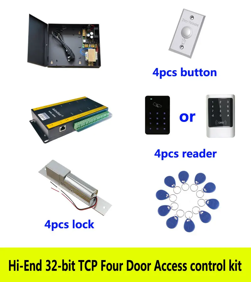 

Hi-end 32-bit access control kit,TCP/IP four door +powercase+bolt lock +ID touch keypad reader+button+10 ID tags,sn:kit-AT402