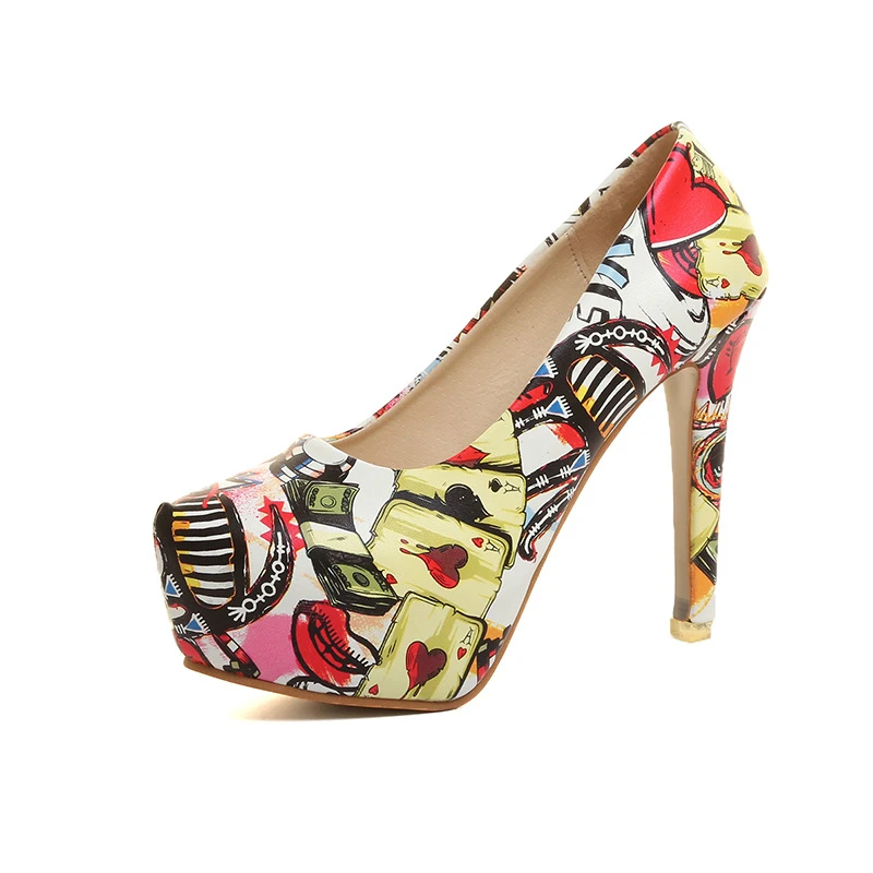 

Fashion Women's Shoes High Heels 2018 Spring Autumn Platform Waterproof Graffiti Famale Shoes Sexy Hand-painrted Plus Size 34-42