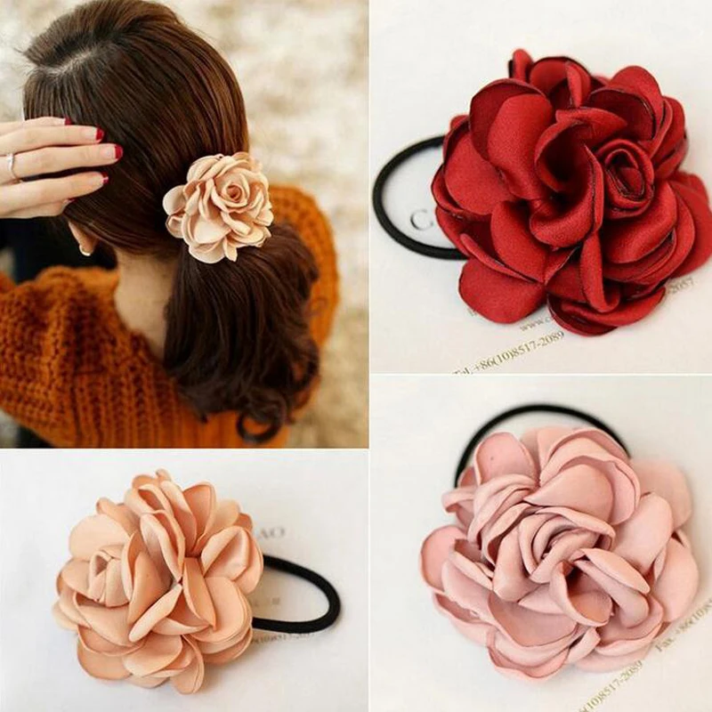 

LOEEL New Fashion Women Hair Accessories Simulation Flower Rubber Band Camellia Rose Attached to Elastic Hair Bands Headdress