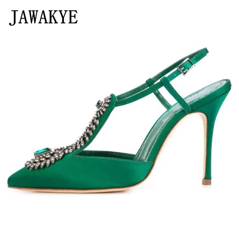 

Retro Green Silk Gemstone Women Gladiator Sandals Point Toe T Strap Buckle Summer Shoes High Heels Party Sandals Zapatos Mujer