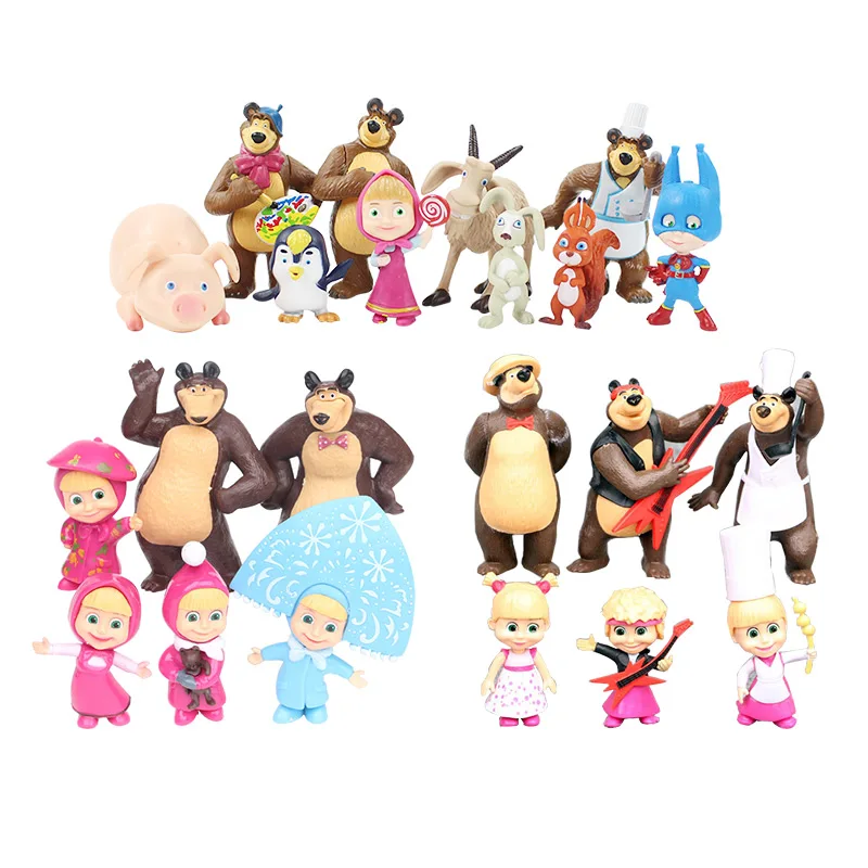 

5-10cm the Bear Painter Snow Maiden with teddy Girl Masha Action Figure PVC Figure Model Toy Dolls