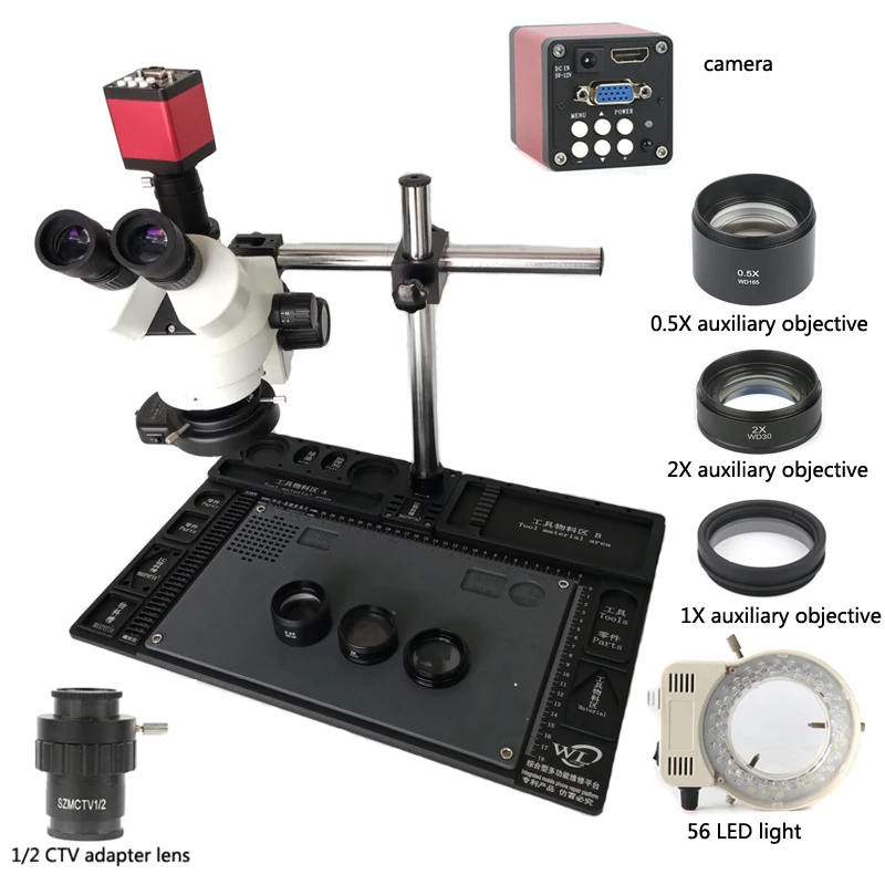 Simul-focal стерео Тринокулярный 3.5X-90X вертикальный зум-микроскоп+ 13MP камера+ 56LED лампа+ многофункциональный металлический рабочий коврик