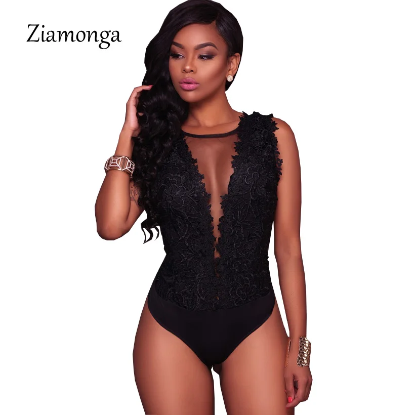 Ziamonga S XXL Sexy Black Lace Bodysuit Women Mesh