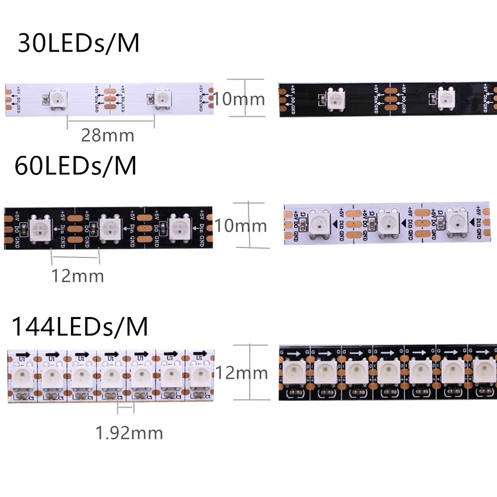 1 м/5 м WS2812B 30/60/144 пикселей/светодиодов/м умная светодиодная Пиксельная полоса, черная/белая печатная плата, WS2812 IC; WS2812B/m, IP30/IP65/IP67 DC5V