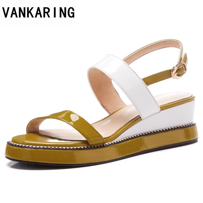 

VANKARING women wedges high heels patent leather open toe shoes woman sandals 2018 fashion new summer date dress party sandals