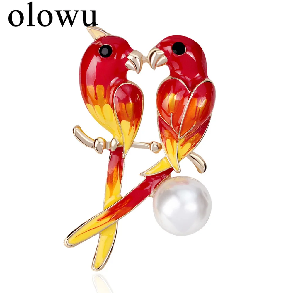

olowu Unique Dual Birds Parrot Brooches Red and Yellow Color Enamel Imitation Pearl Brooch pin Rhinestone Scarf Accessories