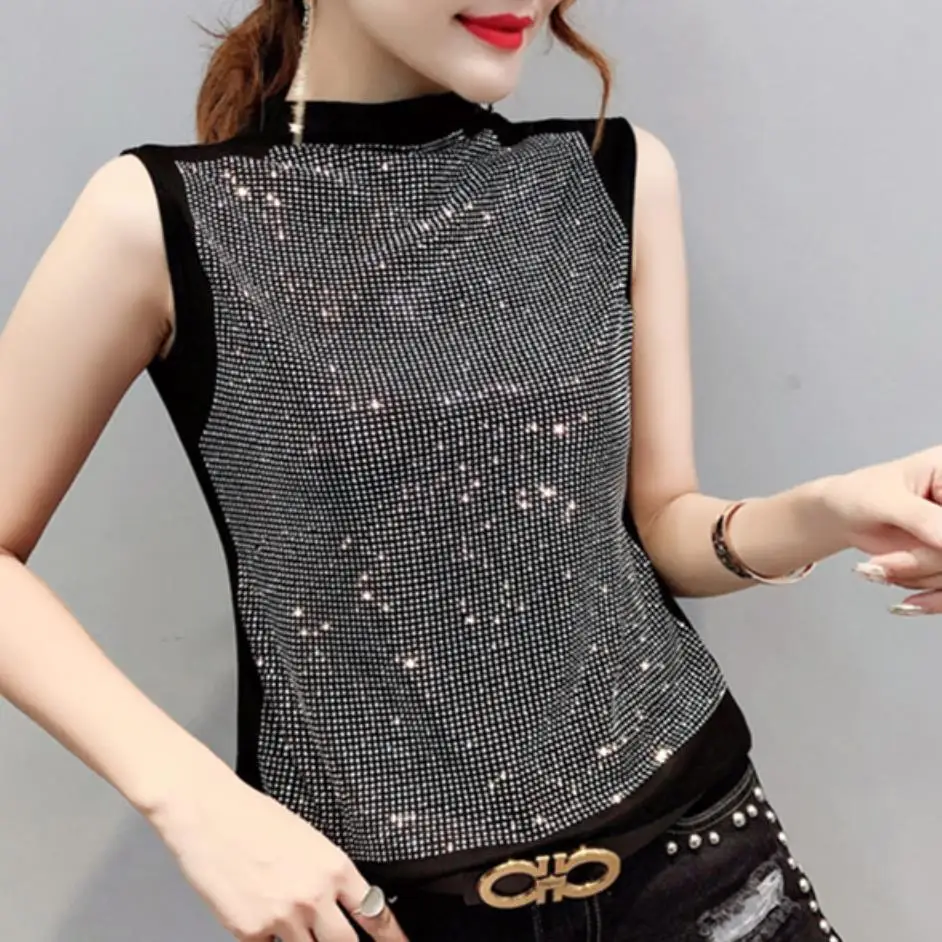 

plus size 3XL!2019 Summer half turtleneck hot drilling women sleeveless Tshirt doamond Slim top tees