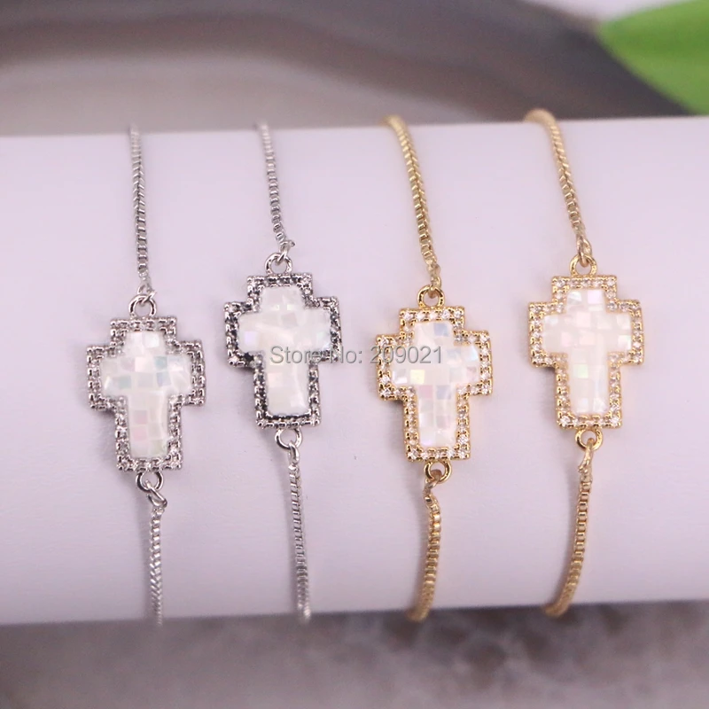 

8Pcs Cross Shape Cubic Zirconia Shell Connector Charm Chain Bracelets For Women