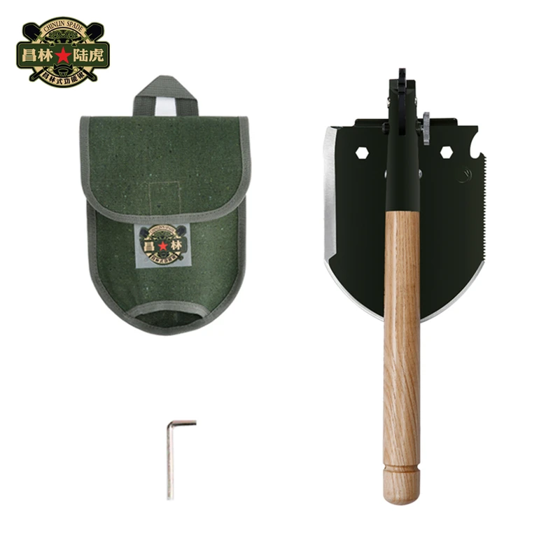 

CHINLIN 18 in 1 Multi-function Folding Shovel Wooden Handle with scale 180 Degree Rotation Outdoor Camping survival shovel Tool