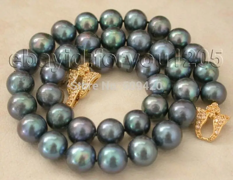 

Free Shipping >18" Genuine Natural 12mm Peacock Round Pearl Necklace zircon