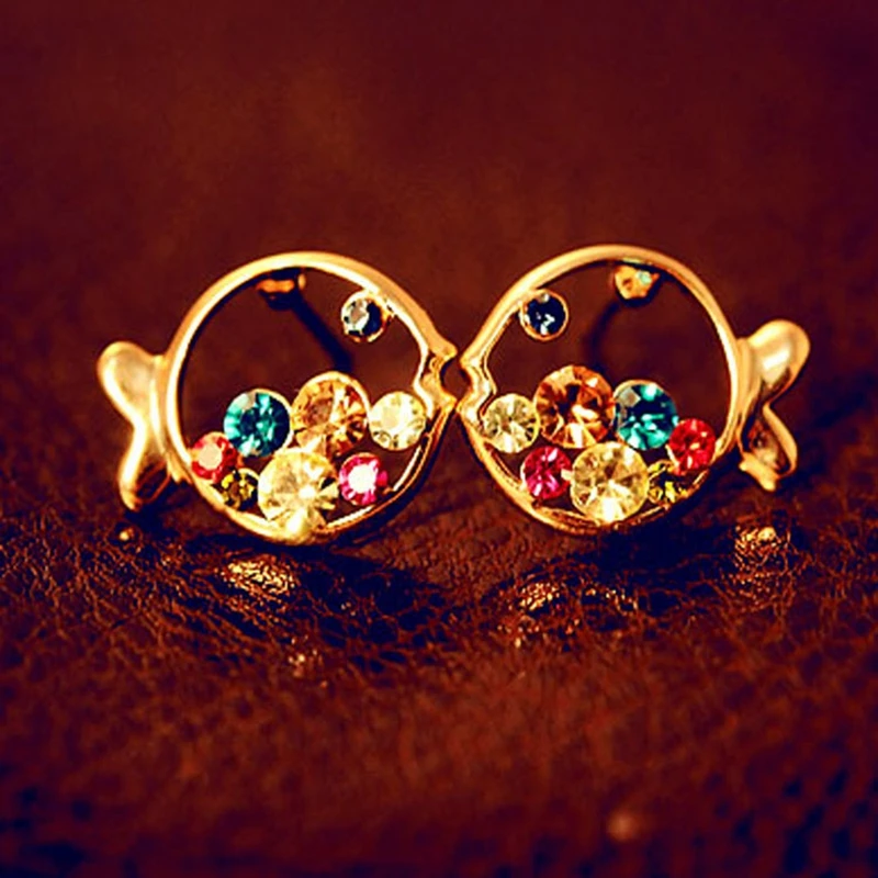 

Fish Animal Zinc Alloy Trendy Cute Crystal Rhinestone Multi Red Royal Blue Gold Color Stud Earrings for Women