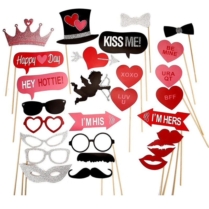 27pcs Photo Booth Props Cupid's Arrows Mask Glasses Mustache Lip On A Stick Valentine's Day Wedding Birthday Party Supplies