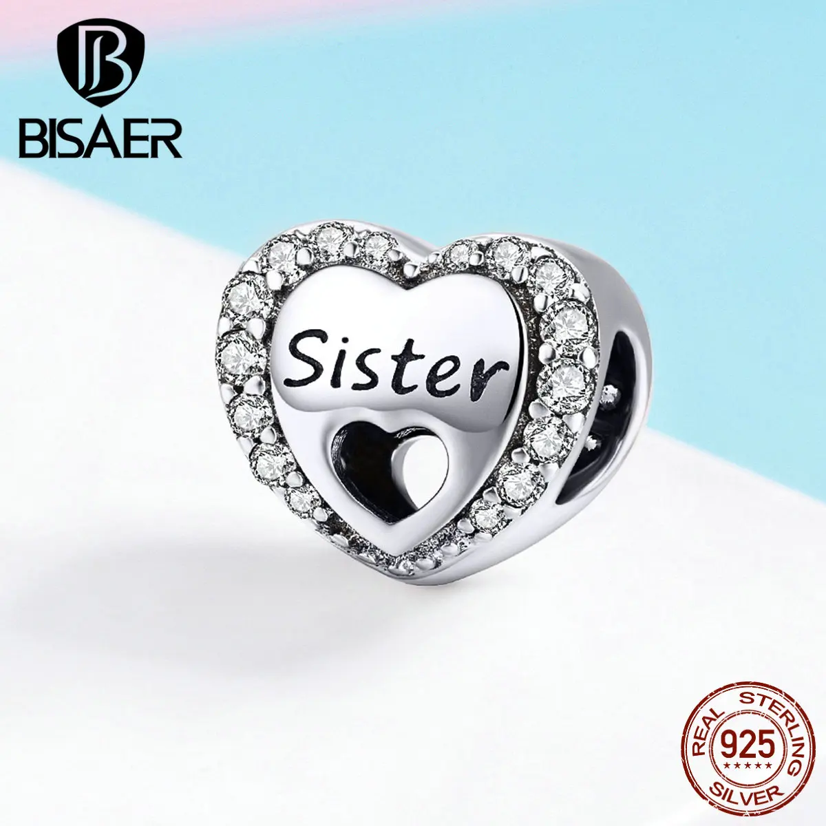 BISAER 100% 925 пробы Серебряный Подарок для сестры подвески в форме сердца бусины