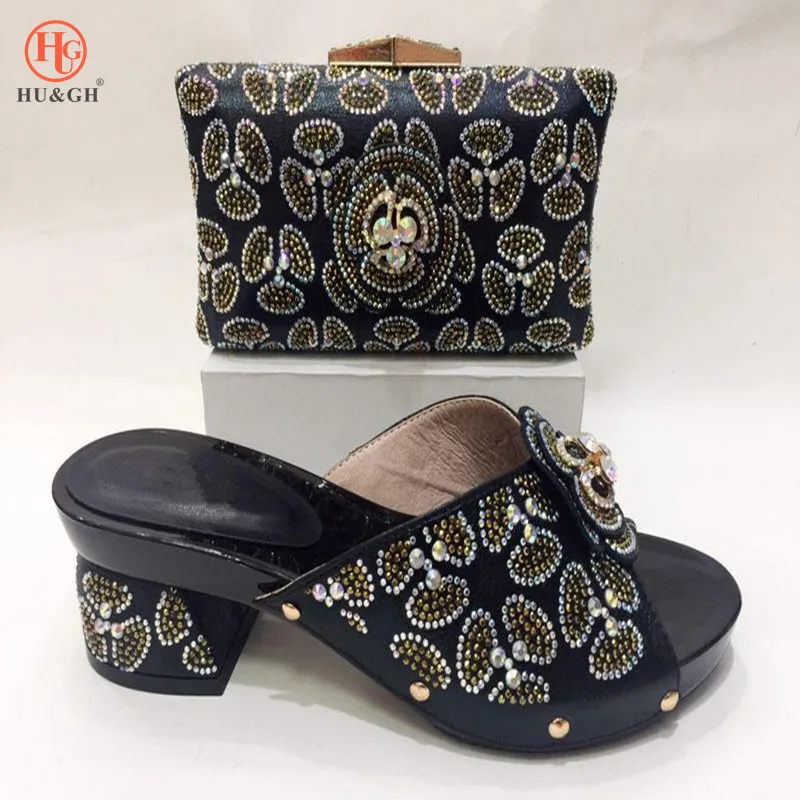 

2018 Black Color Italian Shoes with Matching Bags for Wedding Italy Party Shoe and Bag Nigerian Women Wedding Shoes and Bag Sets