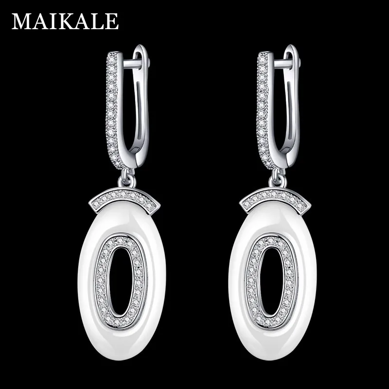 

MAIKALE Simple Round Black Ceramic Drop Earring White Cubic Zirconia Big Earings Silver Earrings for Women Korean Jewelry Gift