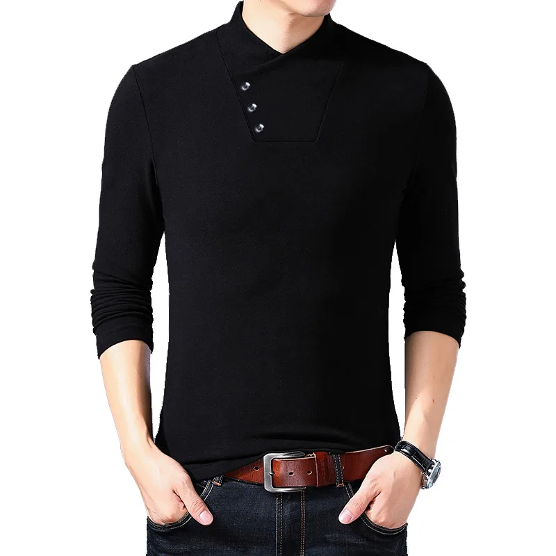 Cena BROWON wiosna moda Slim Fit T Shirt mężczyźni bawełniana koszulka męska z długim rękawem nieregularne kołnierz jednolity kolor mężczyźni ubrania 2019