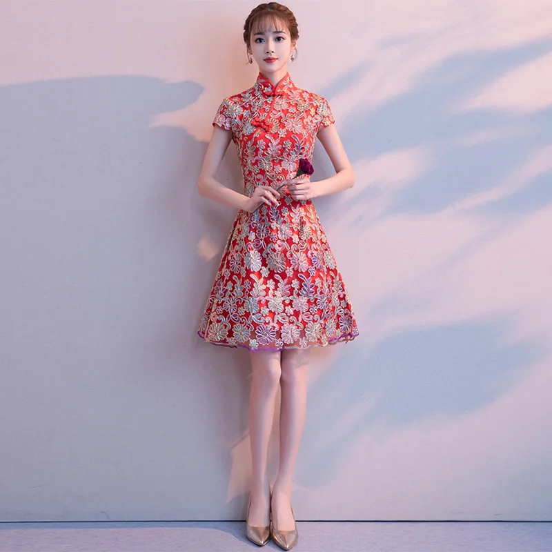 Зимнее Новое благородное мини-платье Ципао для девочек, китайское классическое платье Ципао с цветочной вышивкой, новое тонкое платье с кружевной отделкой, Vestidos, размер S-XXL