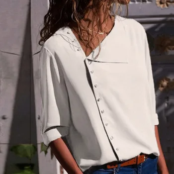 

Women Shirt Irregular Neck Single-breasted Long Sleeves Minimalist Casual Spring Tops Cotton Blouses Female Solid Color Autumn