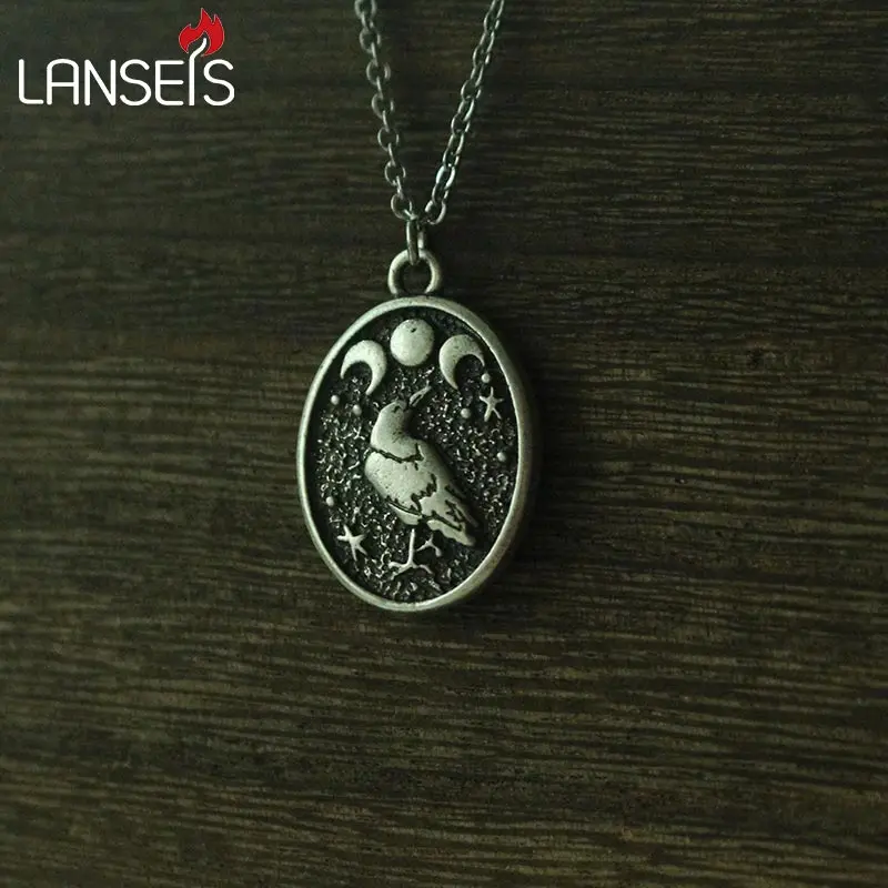 lanseis 1pcs Handmade Black RAVEN In Moon pendant Raven and Triple Moon Vintage birds necklace girls boy nart jewelry black moon