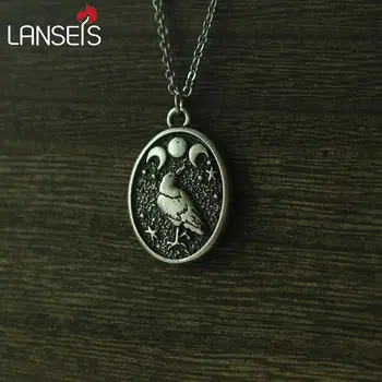 

lanseis 1pcs Handmade Black RAVEN In Moon pendant Raven and Triple Moon Vintage birds necklace girls boy nart jewelry
