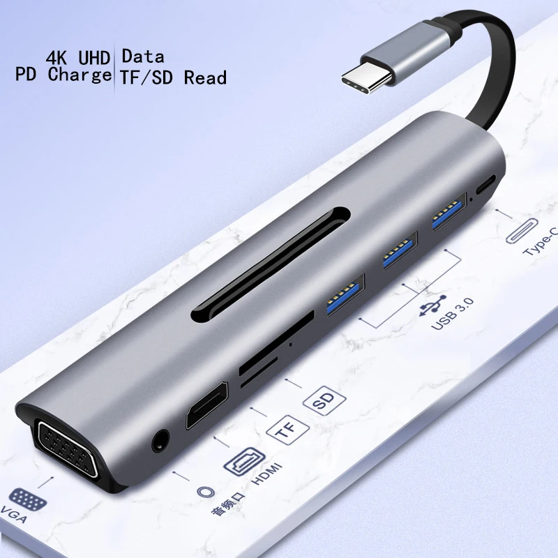 Тип C к Hdmi концентратор адаптер 4K Usb C 3,1 к Vga 60 Гц 3,5 мм аудио конвертер с Tf Sd карты слот 9 в 1 конвертер для Macbook Hua