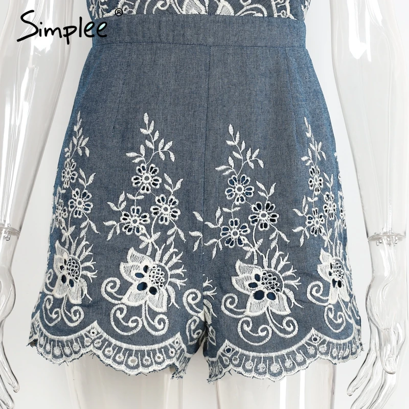 Simplee Embroidery v neck summer jumpsuit romper Strap elegant jumpsuit women floral playsuit 2017 sexy zipper short overalls 25