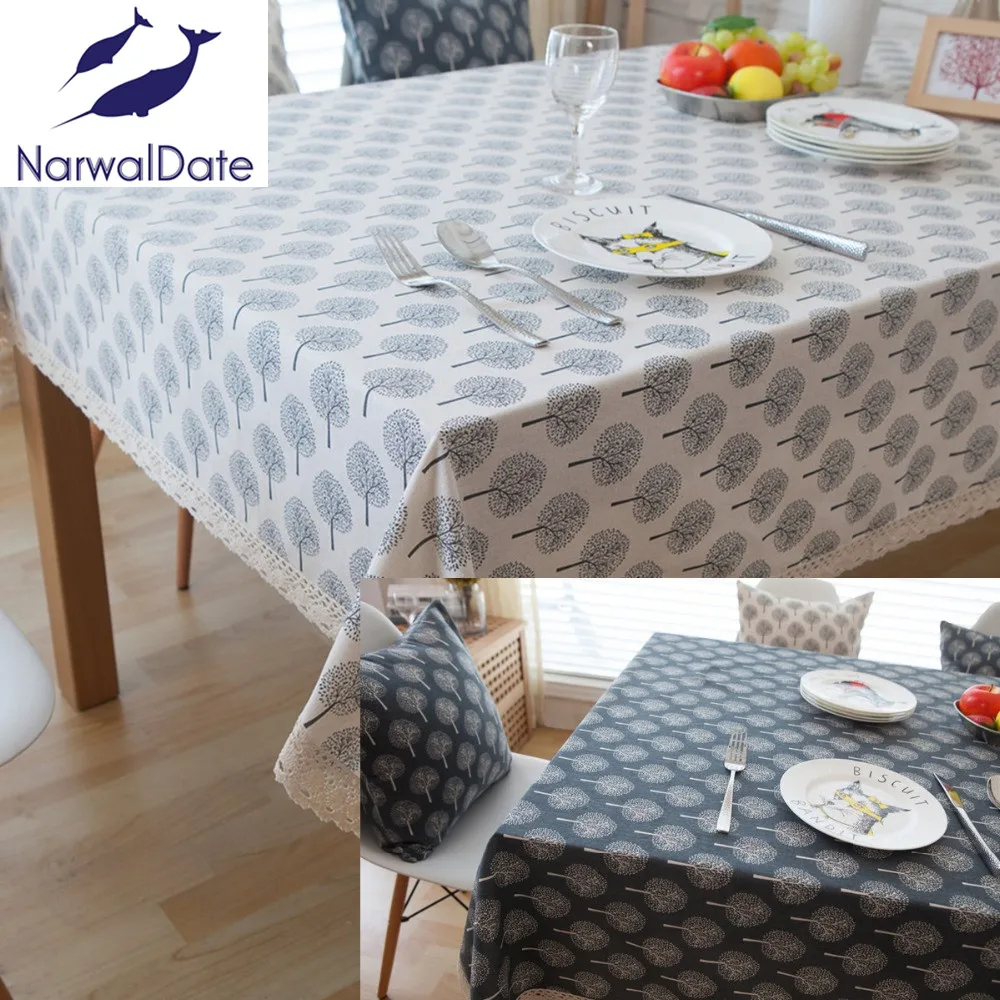 

Pastoral Tablecloths Cotton & Linen Table Cloth Tree Printed Rectangular Table Cover Lace Edge Tablecloth