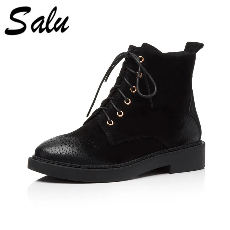 

Salu 2018 New Arrive Fashion Genuine leather Women Ankle Boots lace up Winter Shoes Platform Square low Heel Women Boots