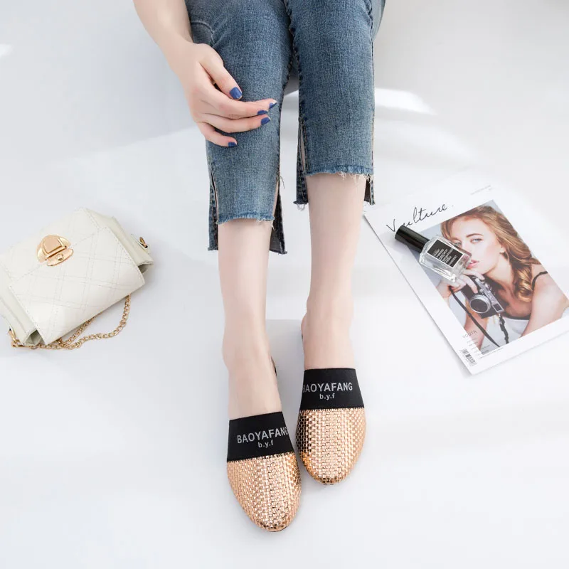 woven ladies gray round toe gold breathable flats women large size 10 korean mules plus slippers designer shoes china suede