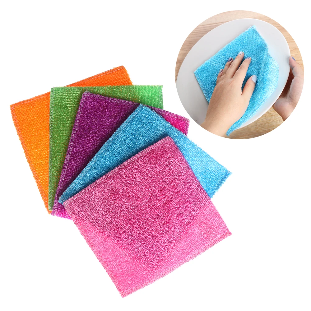 

5PCS/Pack High Efficient Anti-grease Dish Cloth Bamboo Fiber Washing Towel Magic Kitchen Scouring Pad Cleaning Wiping Rags