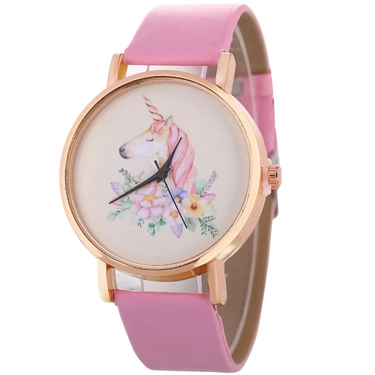 

Hot style rainbow unicorn design watch rose gold watch case animal light leather quartz lady belt watch
