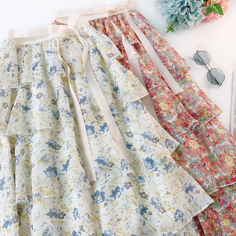 AcFirst Summer Women Fashion Sexy Skirt High Waist Ruffles Asymmetrical Bud Ankle Length Skirt Flower Printed Chiffon Skirts AcFirst Summer Women Fashion Sexy Skirt High Waist Ruffles Asymmetrical Bud Ankle Length Skirt Flower Printed Chiffon Skirts