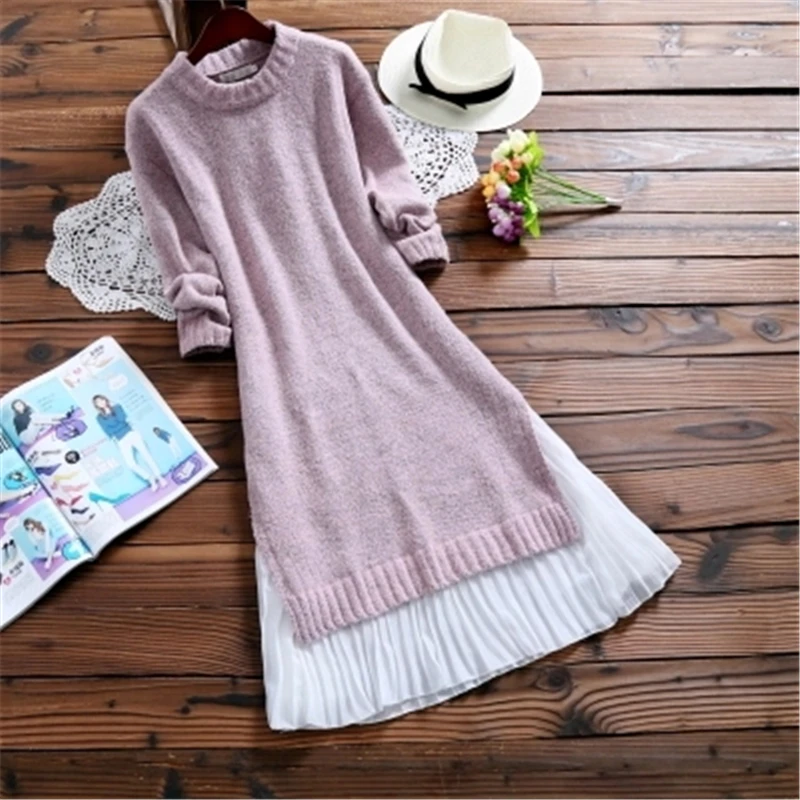 

2019 Spring Autumn Women Midi Dress Round Neck Knitted Chiffon Patchwork Sweater Dress Casual Elegant Long Sleeve Split Dresses