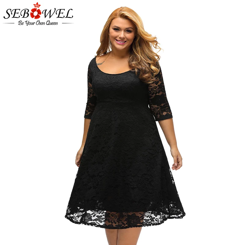 

SEBOWEL Black Floral Lace Party Dress Plus Size 3 Xl Women Elegant Lace Evening Gown Big Size Female Sexy Long Sleeve Lace Dress