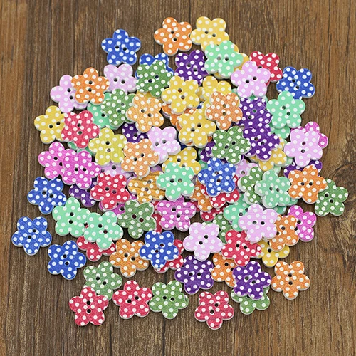 100pcs Wooden Buttons Mixed Adorable Flower Shape Sewing Buttons Scrapbook Craft