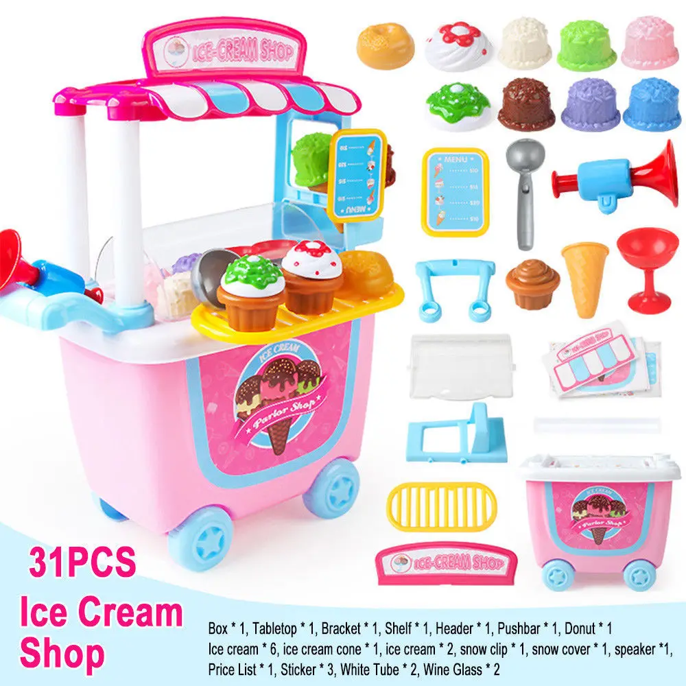 

31Pcs Simulation Baby Kitchen Miniature Sweet Shop Cart Ice Cream Dessert Pretend Play Food Girl Children Toys Plastic Fun Toy