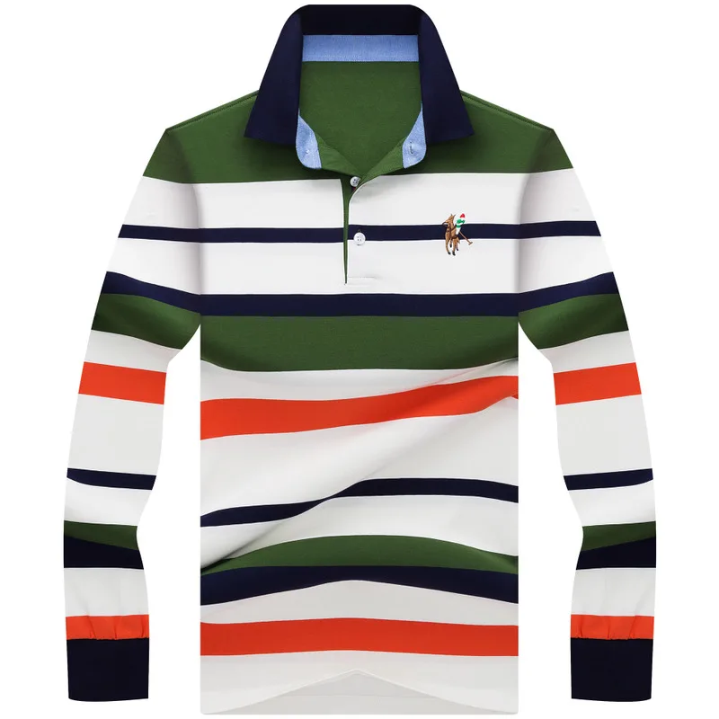 

2019 Automne Hommes de Bande Broderie POLO chemise En Coton A Manches Longues Revers Daffaires Decontractee Mince Tops Vetements