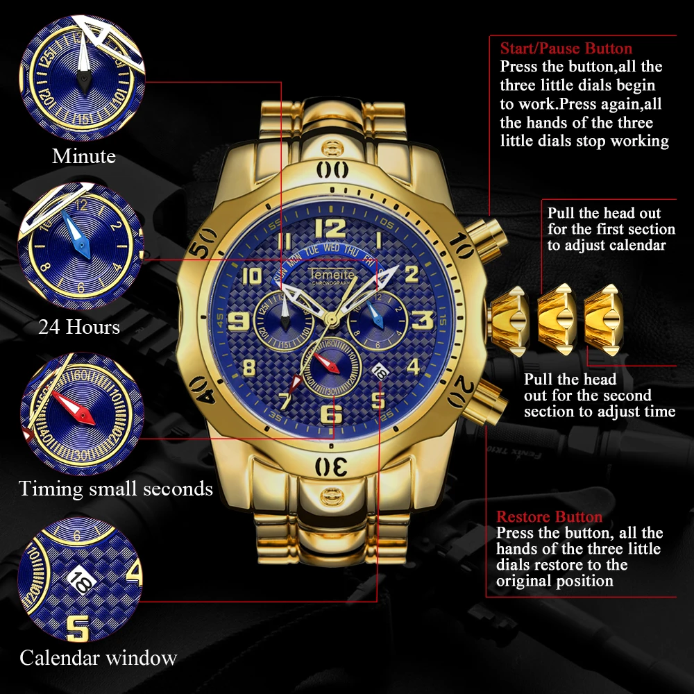 Temeite Sport Mens Watch 6 Pointer Fashion Stainless Steel Gold Watch Men Clock Waterproof Men Watches 5