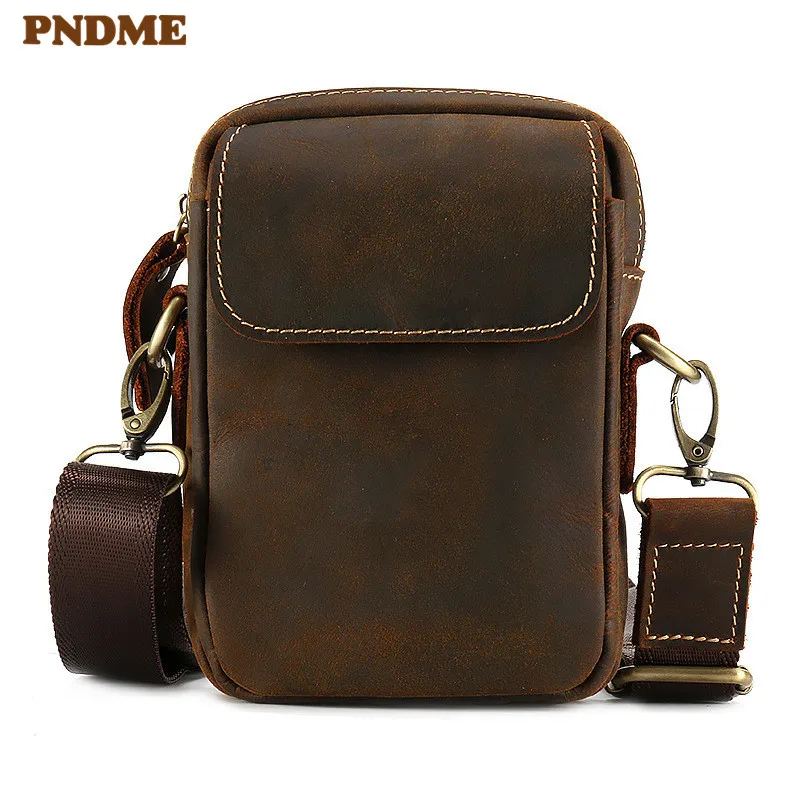 

PNDME retro simple crazy horse cowhide men's small shoulder crossbody bags outdoor multi function genuine leather mini belt bag