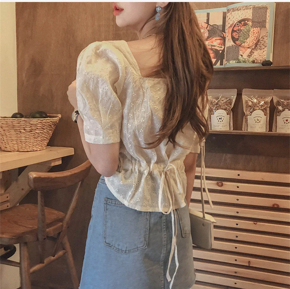  New square Embroidery lace shirt Summer Tops femme Casual Women short sleeve Linen Cotton Girls Blo