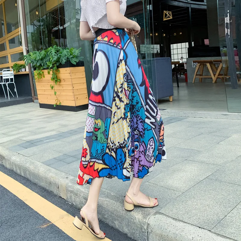 

YICIYA Women Summer 2019 Harajuku High Street Style Rave Outfit High Waist Pleated Cartoon Skirts A-line Midi Skirt