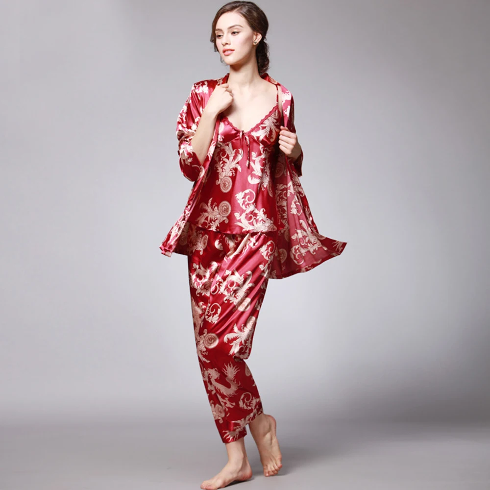 

Summer Autumn Sexy Women Pajamas Set Rayon Silk Lingerie Nightwear Robes Three Pieces Set Ladies Pajamas Pants Plus Size 3XL