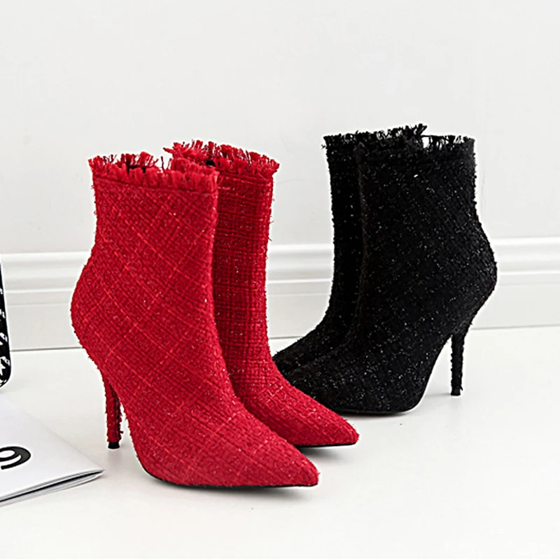 plaid high heel boots