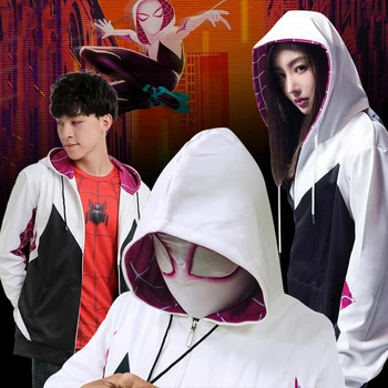 

Spider Gwen Stacy Hoodies Cosplay Gwen Stacy Costumes With Mask Spiderman Hooded Jackets Superhero Pullover Sweatshirts