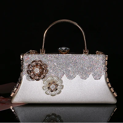 Женские сумки с кристаллами, роскошный цветочный клатч из натуральной кожи, вечерняя сумочка, золотая цепочка невесты, женские сумки через плечо - Цвет: Silver