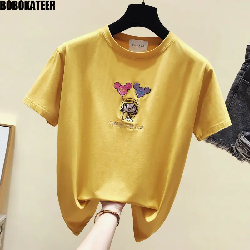 

BOBOKATEER Cotton T shirt Women Tshirt Yellow Summer Tops Embroidery Kawaii Clothes Short Sleeve Pink Tee Shirt Femme New 2019